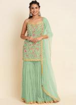 Faux Georgette Pista Green Wedding Wear Sequins Work Sharara Suit